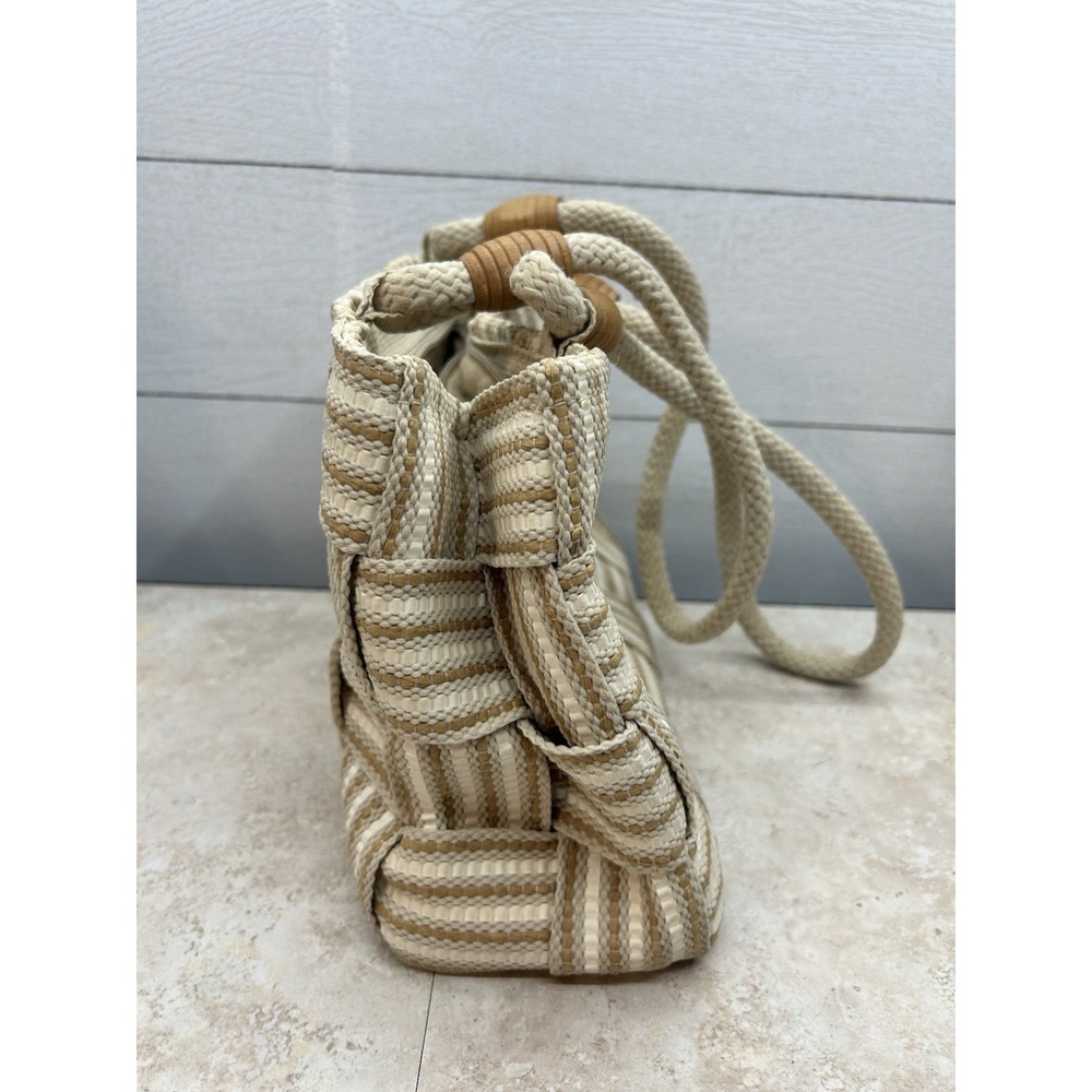 Vintage Handbag White & Brown Straw Woven Purse Rope Handles Made In Italy - Picture 4 of 10